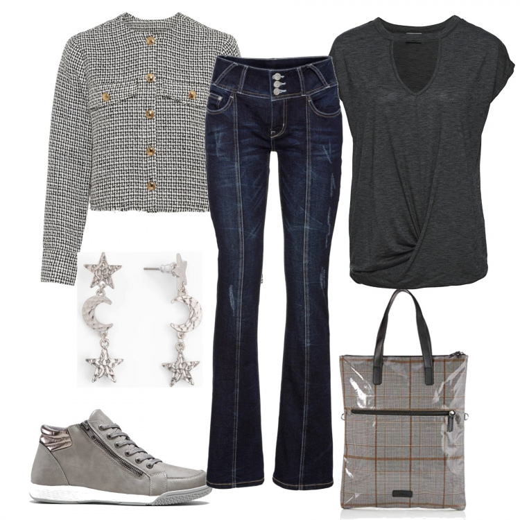 Outfit donna - Polvere di stile inverno low-cost. Stile Urban per Tutti i giorni. Abbinamento con jeans bootcut, sneakers alte, blazer, maglieria, orecchini, borse tote.