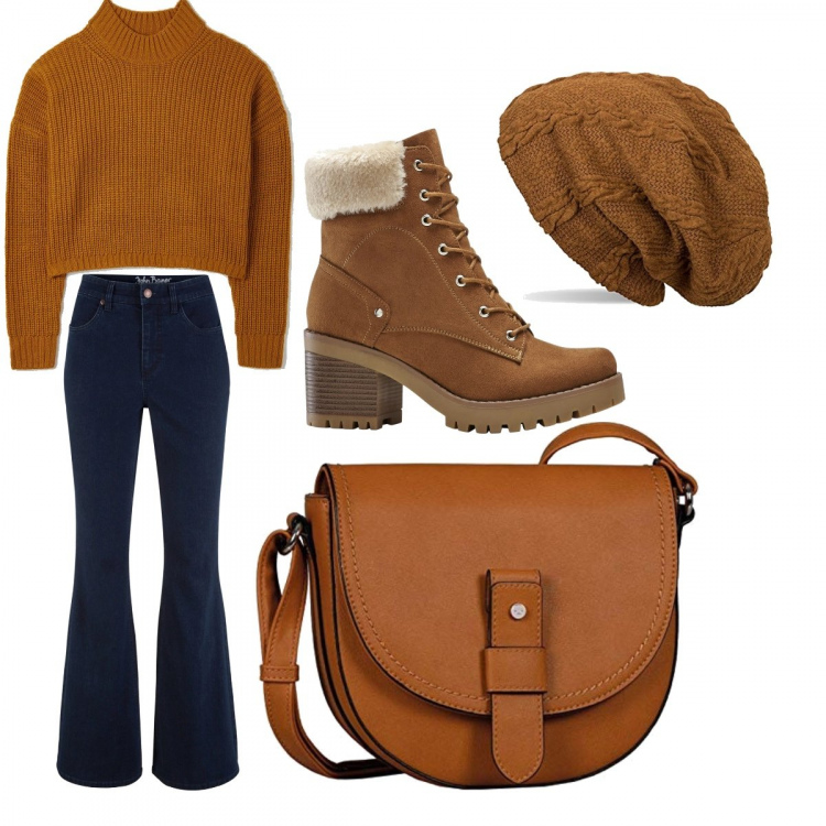 Outfit donna - Università o ufficio. Stile Basic per Tutti i giorni. Abbinamento con stivaletti, jeans a zampa, pullovers, borse a tracolla, berretti.