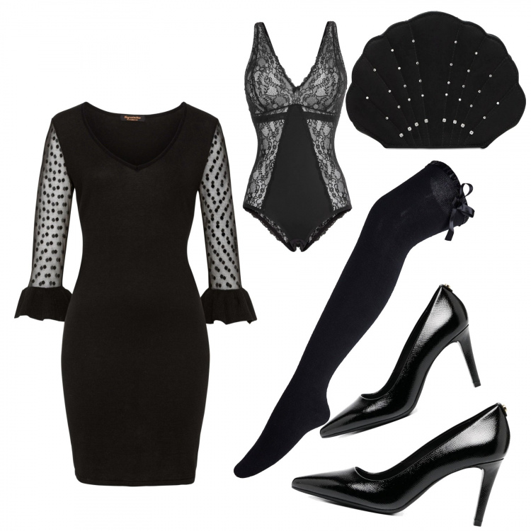 Outfit donna - Sexi soiree!. Stile Sexy per Serata fuori. Abbinamento con body, vestiti, décolleté, calzini, pochette.