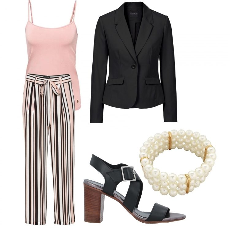 Outfit donna - La giornata inizia così. Stile Bon Ton per Tutti i giorni. Abbinamento con sandali col tacco, blazer, pantaloni capri, camicie, braccialetti.