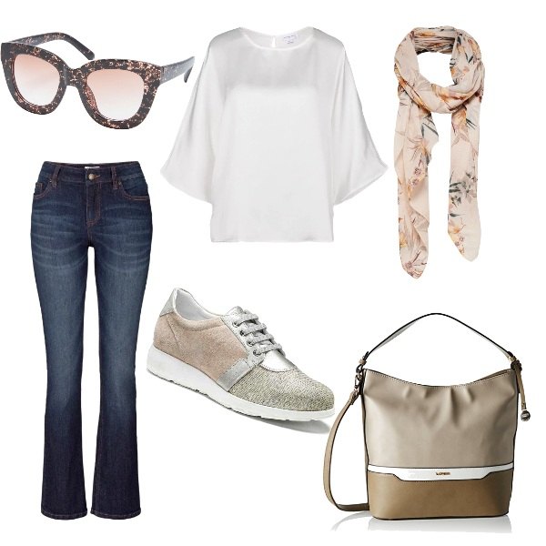 Outfit donna - Trendy in città. Stile Trendy per Tutti i giorni. Abbinamento con jeans bootcut, occhiali da sole marrone, sciarpa con stampa beige.