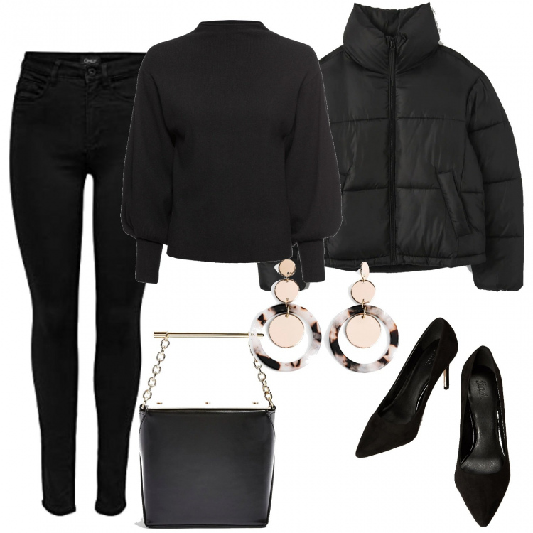 Outfit donna - Always a good choice. Stile Trendy per Serata fuori. Abbinamento con maglieria, orecchini, borse a mano, cappotti, décolleté, jeans skinny.