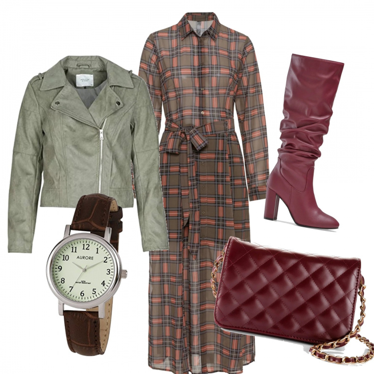 Outfit donna - GreenB.. Stile Urban per Tutti i giorni. Abbinamento con stivali, vestiti, borse a tracolla, blazer, orologi analogici.