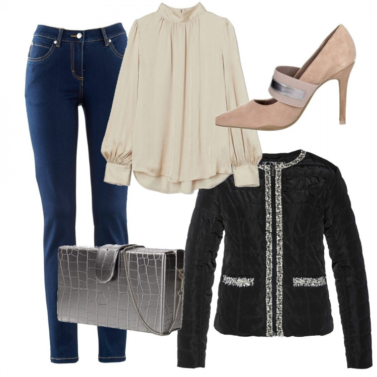 Outfit donna - Bon ton in jeans - curvy. Stile Bon Ton per Ufficio. Abbinamento con jeans dritti, trench, décolleté, camicie, pochette.