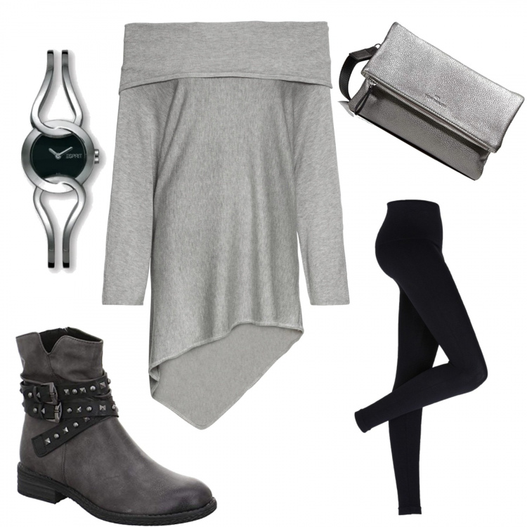 Outfit donna - Grigio e nero. Stile Urban per Tutti i giorni. Abbinamento con leggings, maglioni, stivaletti, orologi, borse a spalla.