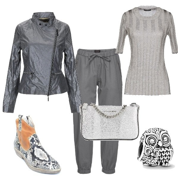 Outfit donna - Grigio e argento. Stile Trendy per Serata fuori. Abbinamento con pantaloni, cappotti, pullovers, stivaletti texani, clutch, ciondoli.