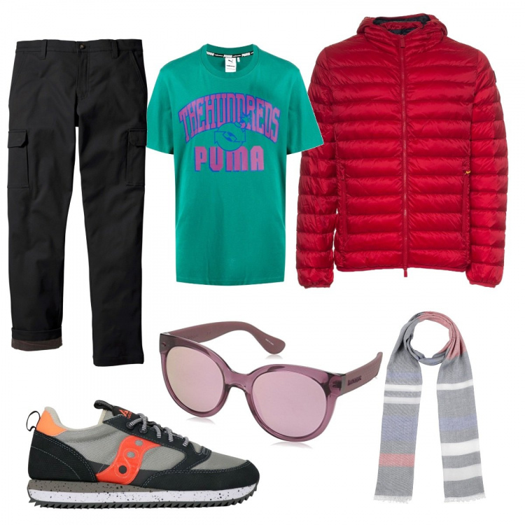 Outfit uomo - Biker Rock #1062. Stile Biker Rock per Tutti i giorni. Abbinamento con pantaloni cargo, sciarpe, piumini, t-shirt, sneakers, occhiali da sole.