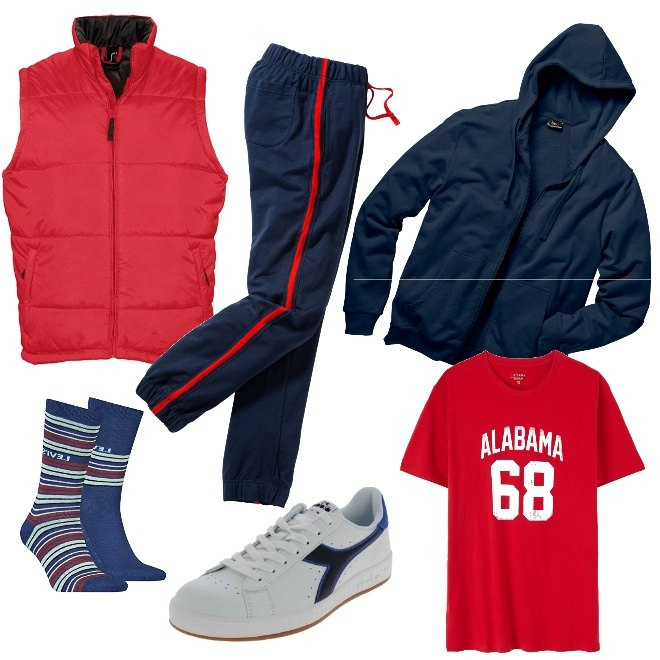 Outfit uomo - Casual #24171. Stile Casual per Sport. Abbinamento con pantaloni, felpe con cappuccio, t-shirt, piumini, sneakers, calzini.