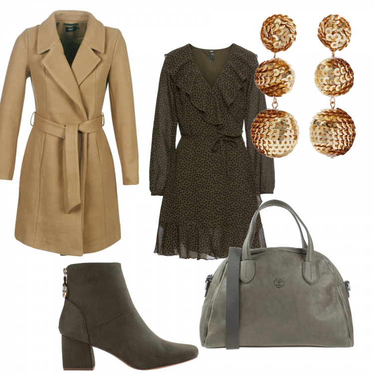 Outfit donna - Trendy #84447. Stile Trendy per Tutti i giorni. Abbinamento con vestiti, stivaletti, borse a tracolla, orecchini, cappotti.