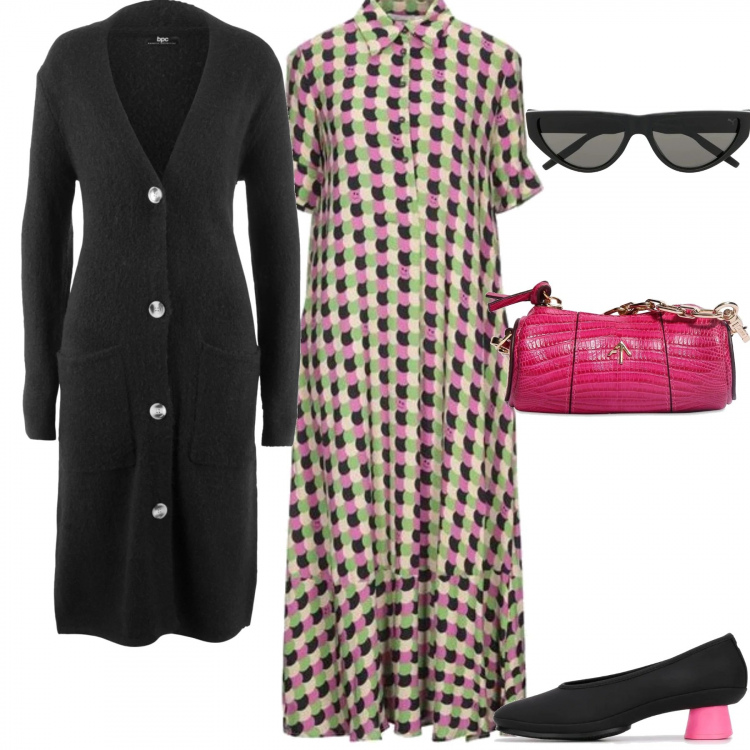 Outfit donna - Un giorno a Milano. Stile Urban per Tutti i giorni. Abbinamento con cardigans, vestiti midi/longuette, décolleté, occhiali da sole, borse a spalla.