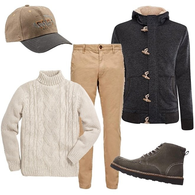 Outfit uomo - Pullover bianco. Stile Casual per Ufficio. Abbinamento con maglieria, giacche, stivali, pantaloni, cappelli con visiera.