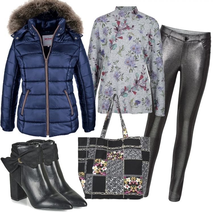Outfit donna - Flowers. Stile Trendy per Tutti i giorni. Abbinamento con piumini, felpe, pantaloni, borse a spalla, stivaletti.