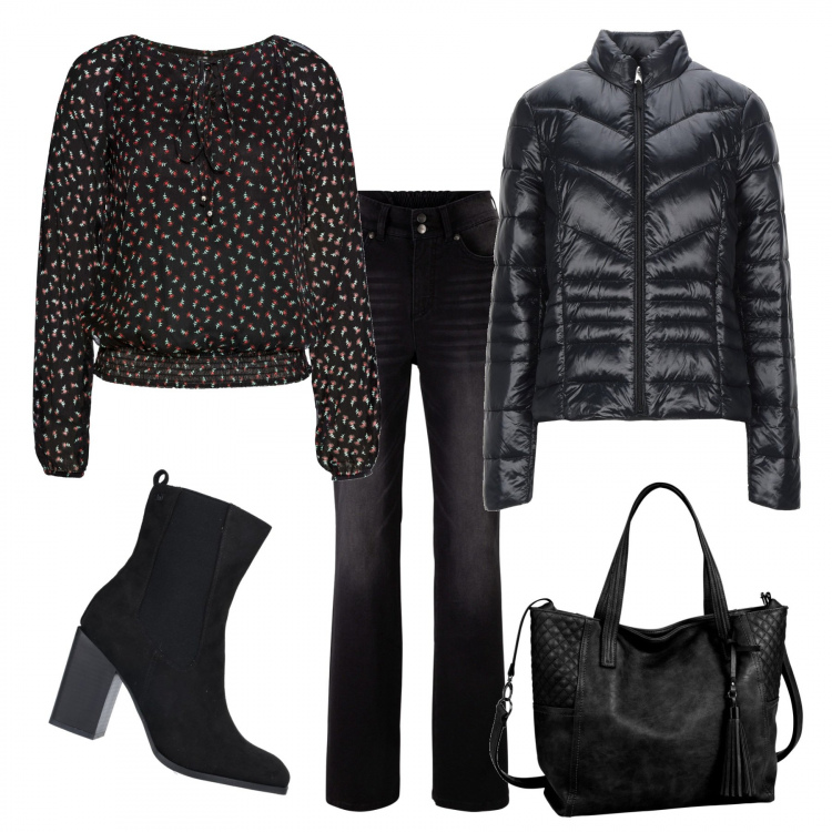 Outfit donna - Trendy #84471. Stile Trendy per Tutti i giorni. Abbinamento con jeans bootcut, bluse, shopping bag, piumini, stivaletti.