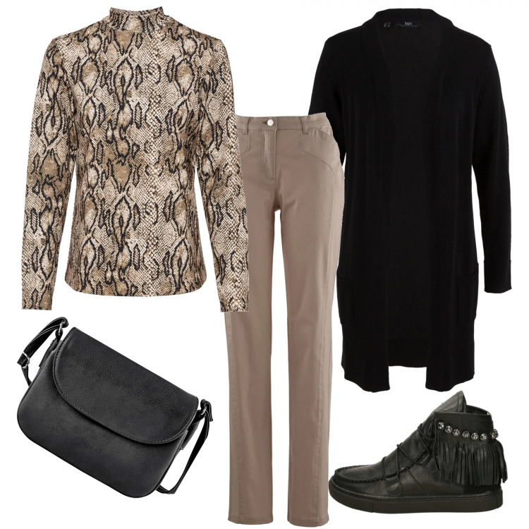 Outfit donna - Urban #31561. Stile Urban per Tutti i giorni. Abbinamento con cardigans, pullovers, pantaloni, borse a tracolla, stivaletti.