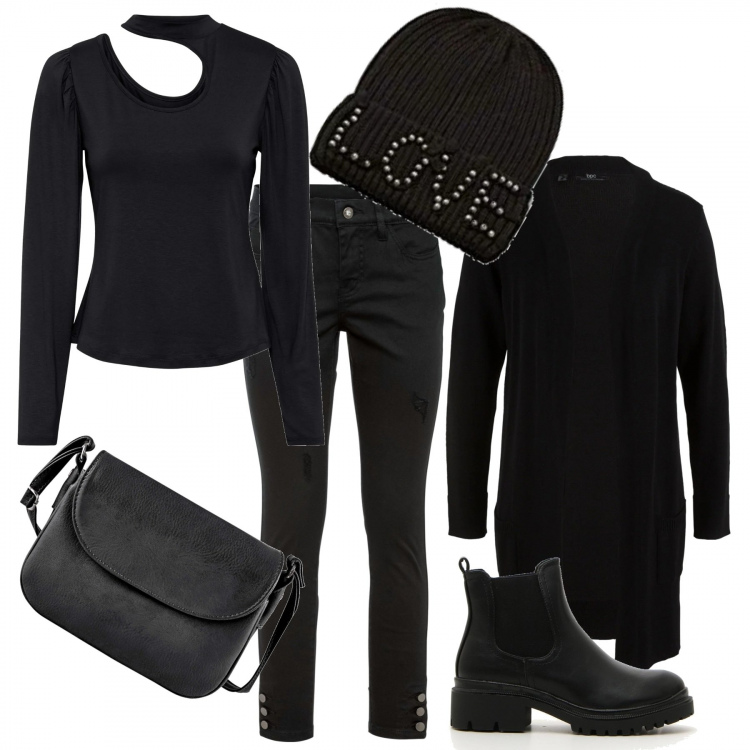 Outfit donna - Trendy #84494. Stile Trendy per Tutti i giorni. Abbinamento con cardigans, jeans skinny, vestiti, borse a tracolla, berretti, stivaletti.