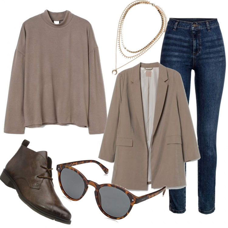 Outfit mujer - Urban #31571. Estilo Urban para Todos los días. Combinación con botas, gafas de sol, vaqueros rectos, jerséis, blazers, colgantes.