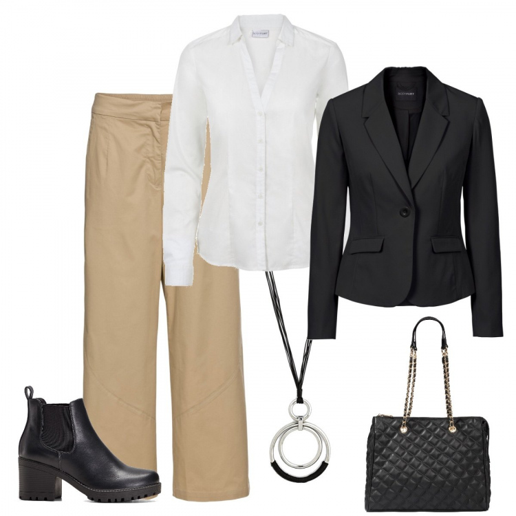 Outfit donna - Urban #31574. Stile Urban per Ufficio. Abbinamento con camicie, stivaletti chelsea, shopping bag, pantaloni culotte, blazer, collane.