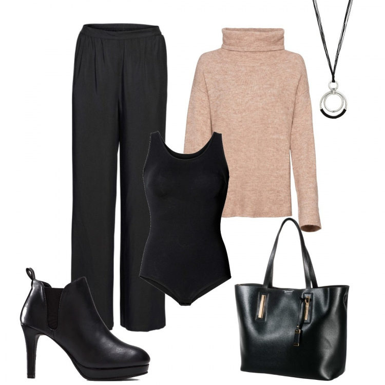 Outfit donna - Trendy #84541. Stile Trendy per Ufficio. Abbinamento con body, maglieria, pantaloni a palazzo, stivaletti, shopping bag, collane.