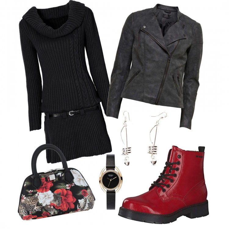 Outfit donna - SoRed. Stile Basic per Scuola/Università. Abbinamento con vestiti, borse a mano, blazer, orecchini, stivali, orologi analogici.