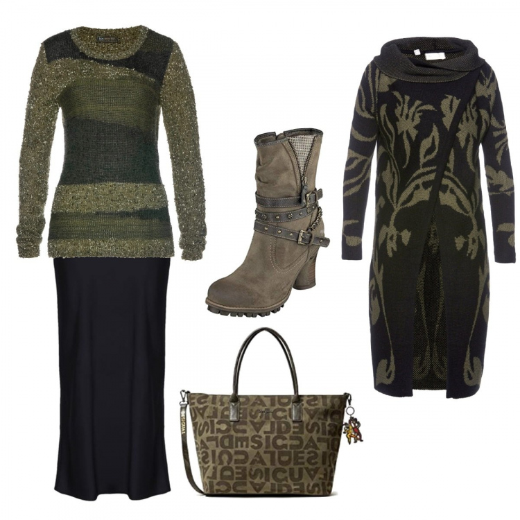 Outfit donna - Country da città. Stile Urban per Tutti i giorni. Abbinamento con cardigans, maglioni, gonne lunghe, stivali, borse a spalla.