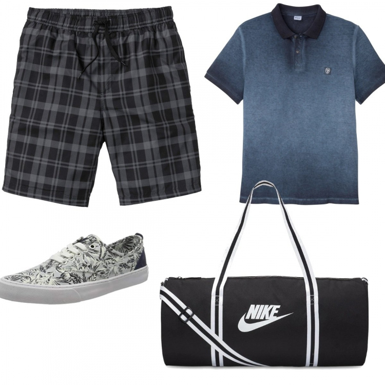 Outfit uomo - Casual #24241. Stile Casual per Mare. Abbinamento con polo, costumi, espadrillas, borse sportive.