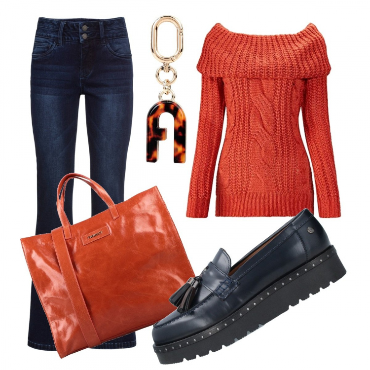 Outfit donna - Trendy #84608. Stile Trendy per Scuola/Università. Abbinamento con jeans bootcut, mocassini, borse a mano, portachiavi, maglioni.