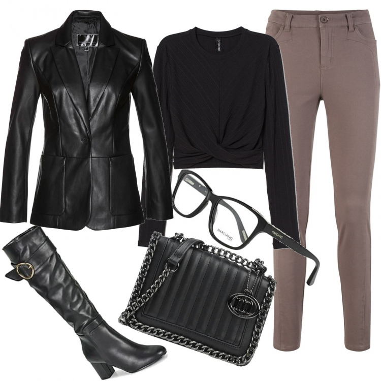 Outfit mujer - Rock #8256. Estilo Rock para Todos los días. Combinación con gafas graduadas, botas, blazers, pantalones, top, bandoleras.