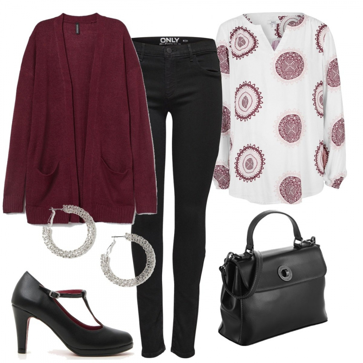 Outfit donna - Bordeaux in ufficio. Stile Basic per Ufficio. Abbinamento con tuniche, jeans skinny, cardigans, borse a mano, décolleté, orecchini.