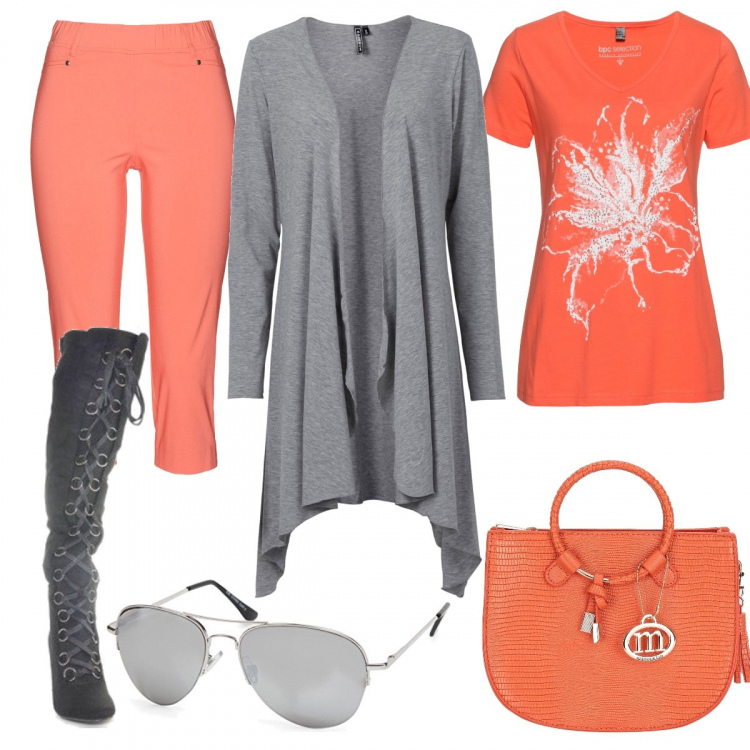 Outfit donna - Basic #44584. Stile Basic per Tutti i giorni. Abbinamento con borse a mano, cardigans, t-shirt, pantaloni capri, stivali sopra il ginocchio, occhiali da sole.