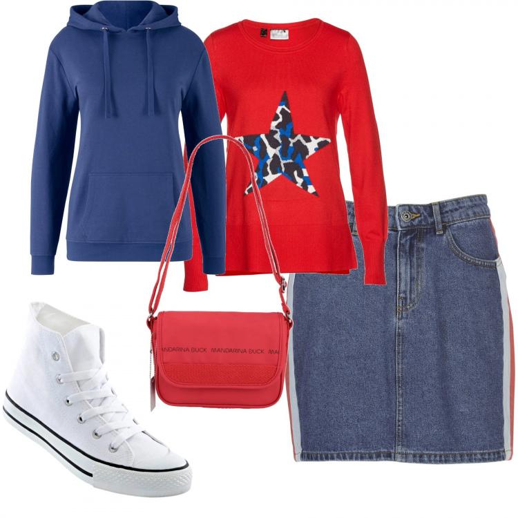 Outfit donna - Look per passeggio. Stile Urban per Tutti i giorni. Abbinamento con felpe con cappuccio, maglioni, sneakers alte, borse a tracolla, minigonne.