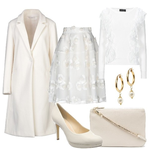 Outfit donna - Di bianco vestita. Stile Bon Ton per Cerimonia. Abbinamento con gonne longuette, cappotti, pullovers, orecchini, borse a tracolla, scarpe col tacco.