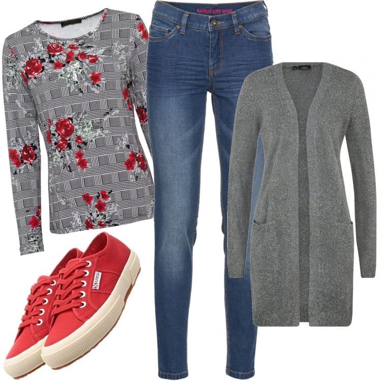 Outfit donna - Fiori e quadri. Stile Basic per Tutti i giorni. Abbinamento con jeans skinny, cardigans, maglieria, sneakers.