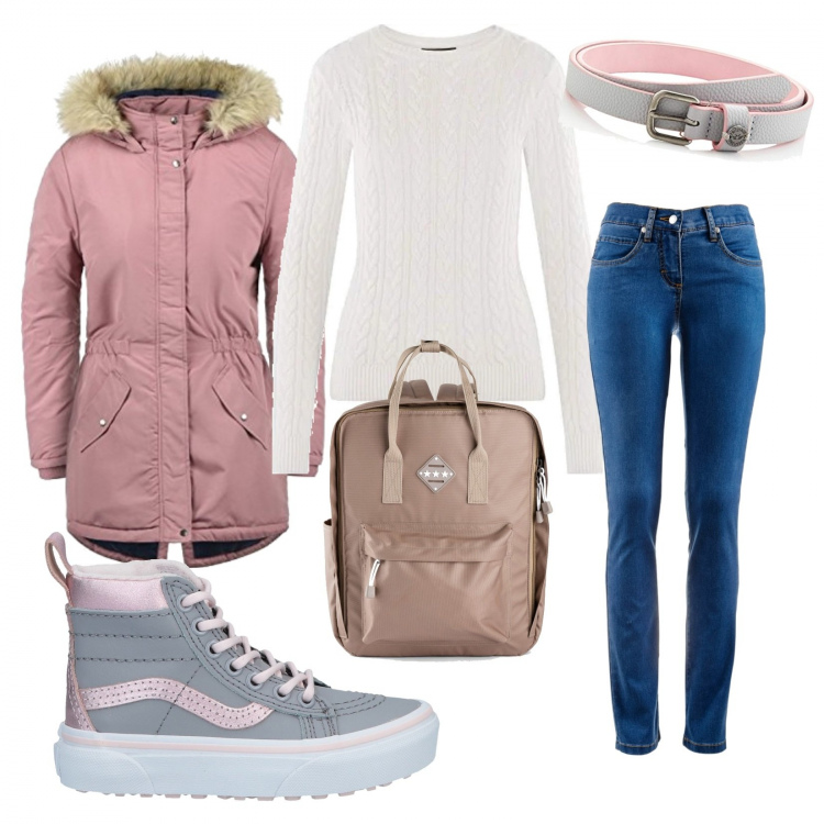 Outfit donna - Università. Stile Basic per Scuola/Università. Abbinamento con jeans dritti, zaini, blazer, maglieria, cinture.