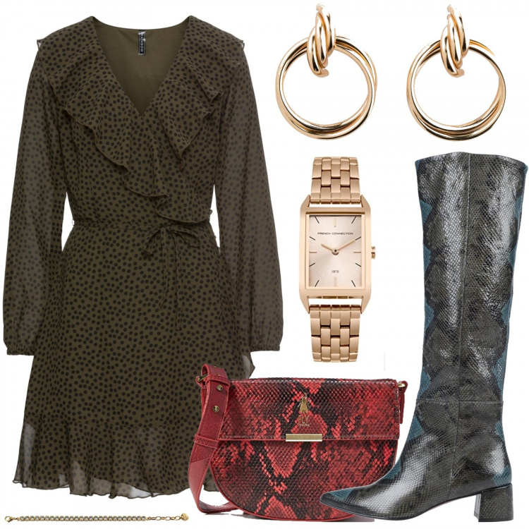 Outfit donna - Dettagli animalier. Stile Trendy per Serata fuori. Abbinamento con vestiti, orecchini, stivali, orologi, braccialetti, borse a tracolla.