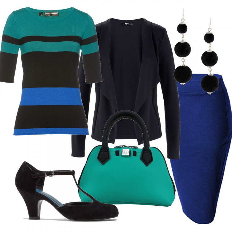 Outfit donna - Geometrie e colori. Stile Chic per Ufficio. Abbinamento con blazer, blazer, décolleté, orecchini, borse a mano, gonne longuette.