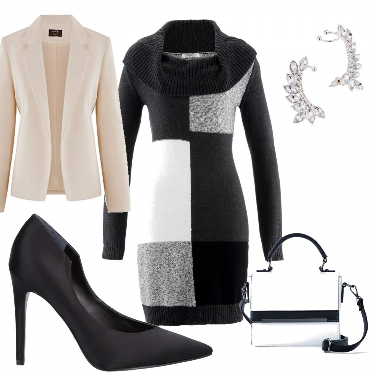 Outfit donna - Vestito a scacchi. Stile Bon Ton per Tutti i giorni. Abbinamento con vestiti midi/longuette, borse a mano, orecchini, décolleté, blazer.