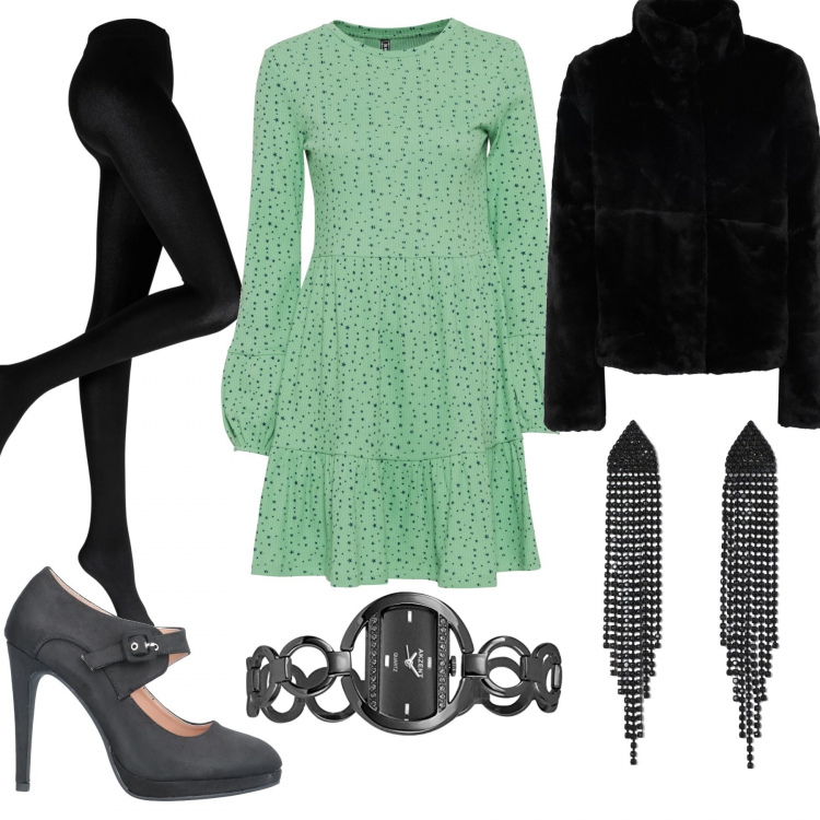 Outfit donna - Pronta per il teatro. Stile Chic per Serata fuori. Abbinamento con collant, vestiti, ecopellicce, décolleté, orologi, orecchini.