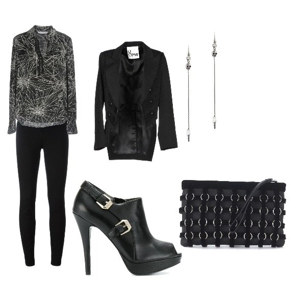 Outfit donna - Rock winter. Stile Rock per Ufficio. Abbinamento con giacca con spacco posteriore effetto laminato collo con revers a maniche lunghe interno foderato tinta unita, orecchini argento, scarpe col tacco pumps con fibbia nero.