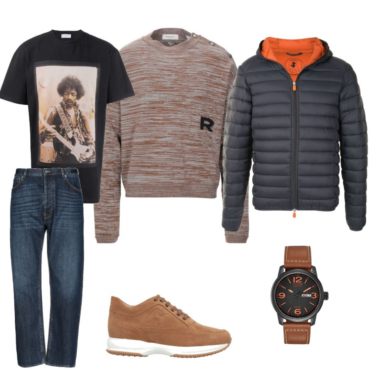 Outfit hombre - Reunión de amigos. Estilo Urban para Todos los días. Combinación con reloj, jerséis, vaqueros, abrigos, sneakers, camiseta.