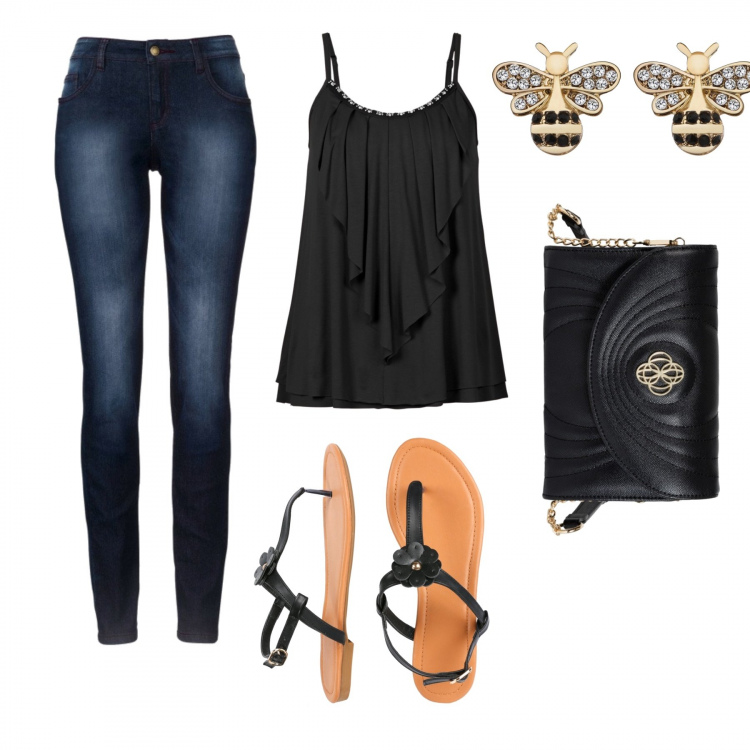 Outfit donna - Aperitivo. Stile Rock per Serata fuori. Abbinamento con jeans skinny, top con drappeggio e volant contrasto con scollo in denim con strass impreziosito nero, pochette nero e oro, orecchini con strass, sandali.