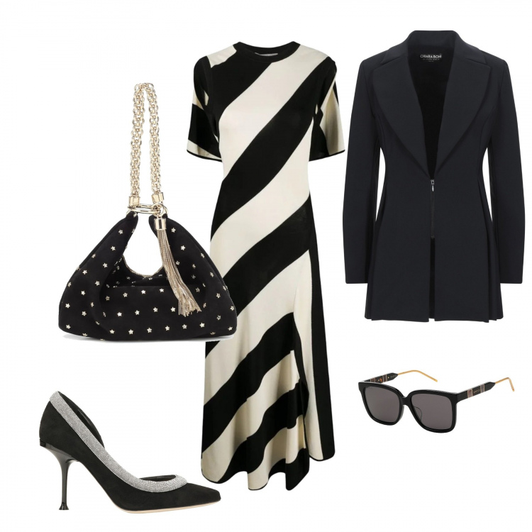 Outfit donna - Trendy #84904. Stile Trendy per Ufficio. Abbinamento con occhiali da sole, blazer, décolleté, vestiti midi/longuette, clutch.