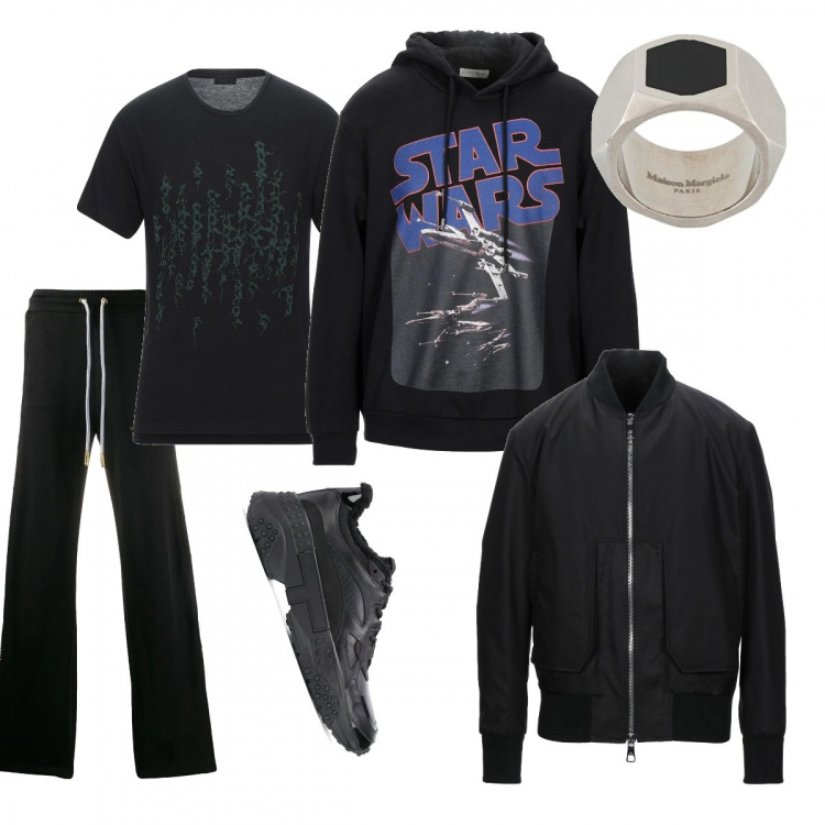 Outfit hombre - El lado oscuro. Estilo Casual para Deporte. Combinación con pantalones, sneakers, abrigos, sudaderas con capucha, anillos, camiseta.