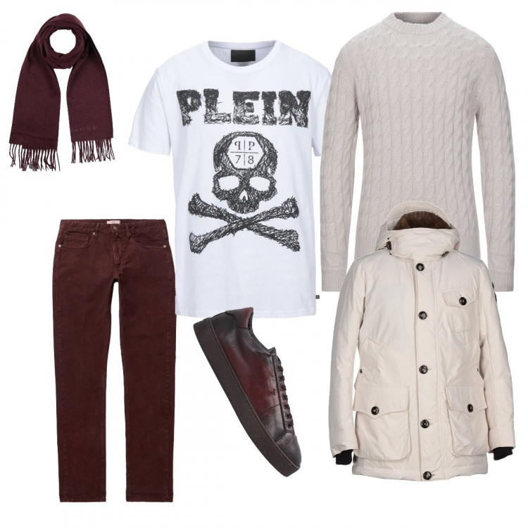 Outfit hombre - Calavera. Estilo Urban para Todos los días. Combinación con plumíferos, sneakers, jerséis, pantalones, camiseta, bufandas.