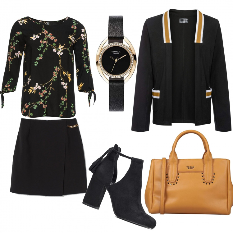 Outfit donna - Black#Mustard. Stile Basic per Ufficio. Abbinamento con bluse, vestiti, stivaletti, borse a mano, minigonne, orologi analogici.