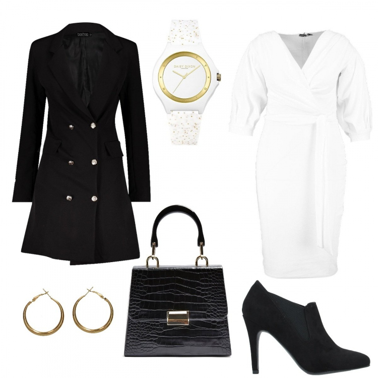 Outfit mujer - Noche de estreno. Estilo Sexy para Noche/Fiesta elegante. Combinación con reloj, pendientes, vestidos, vestidos midi/longuettes, botines, bolsos de mano.