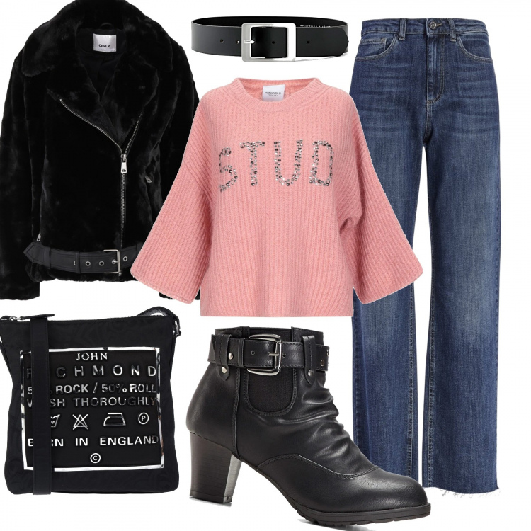 Outfit donna - Vagamente rock. Stile Rock per Tutti i giorni. Abbinamento con cinture, stivaletti, cappotti, pullovers, borse a tracolla, jeans.