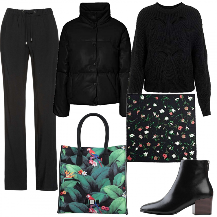 Outfit donna - Fantasia foglie. Stile Basic per Tutti i giorni. Abbinamento con stivaletti, borse a mano, pantaloni, sciarpe, pullovers, blazer.