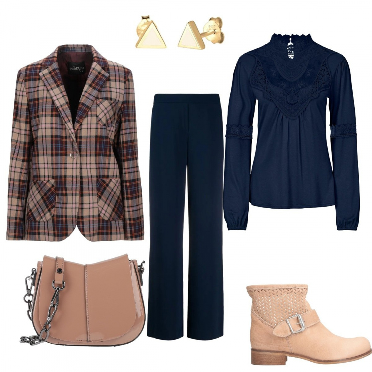 Outfit mujer - Oficina. Estilo Urban para Oficina. Combinación con pendientes, top, botines, bandoleras, blazers, pantalones.