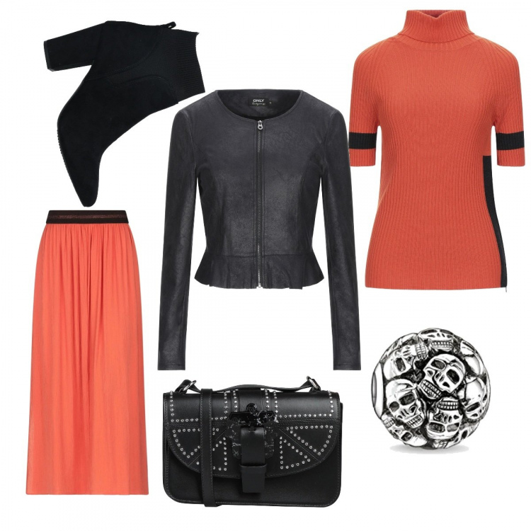 Outfit mujer - Espíritu rock. Estilo Rock para Todos los días. Combinación con colgantes, abrigos, jerséis, faldas largas, bandoleras, botines.