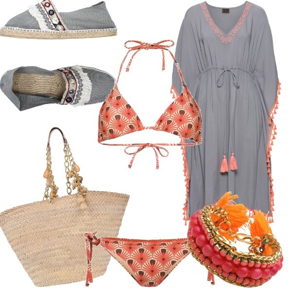 Outfit donna - Boho sotto al sole. Stile Etnico per Mare. Abbinamento con body, borsa a mano maxi doppio manico interno sfoderato in pelle sintetica tinta unita, bracciale con strass e perline con gancetto, bikini con stampa giallo.